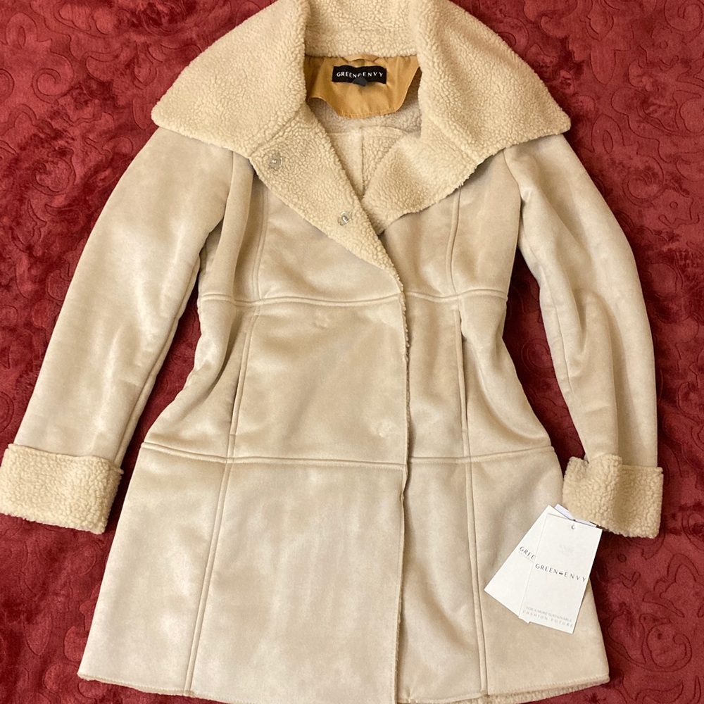 Green with Envy Faux Suede Shearling Cream Beige Coat Sz S